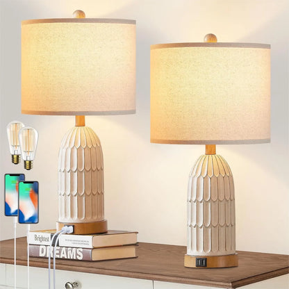 Boho Table Lamps Set of 2, Farmhouse 3-Way Dimmable Touch Nightstand Lamp with 2 USB Charging Ports for Bedroom Living Room