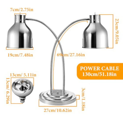 Commercial kitchen food warming lamp with stainless steel construction, adjustable 2-head design, silver color, for buffet, caf