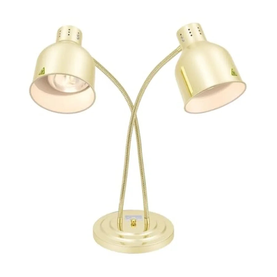 Food Heating Lamp for Buffet Catering Kitchen, Gold Aluminum Alloy, Gold, 2-Head 500W Electric Heat Lamp with 2xE26 Bulbs