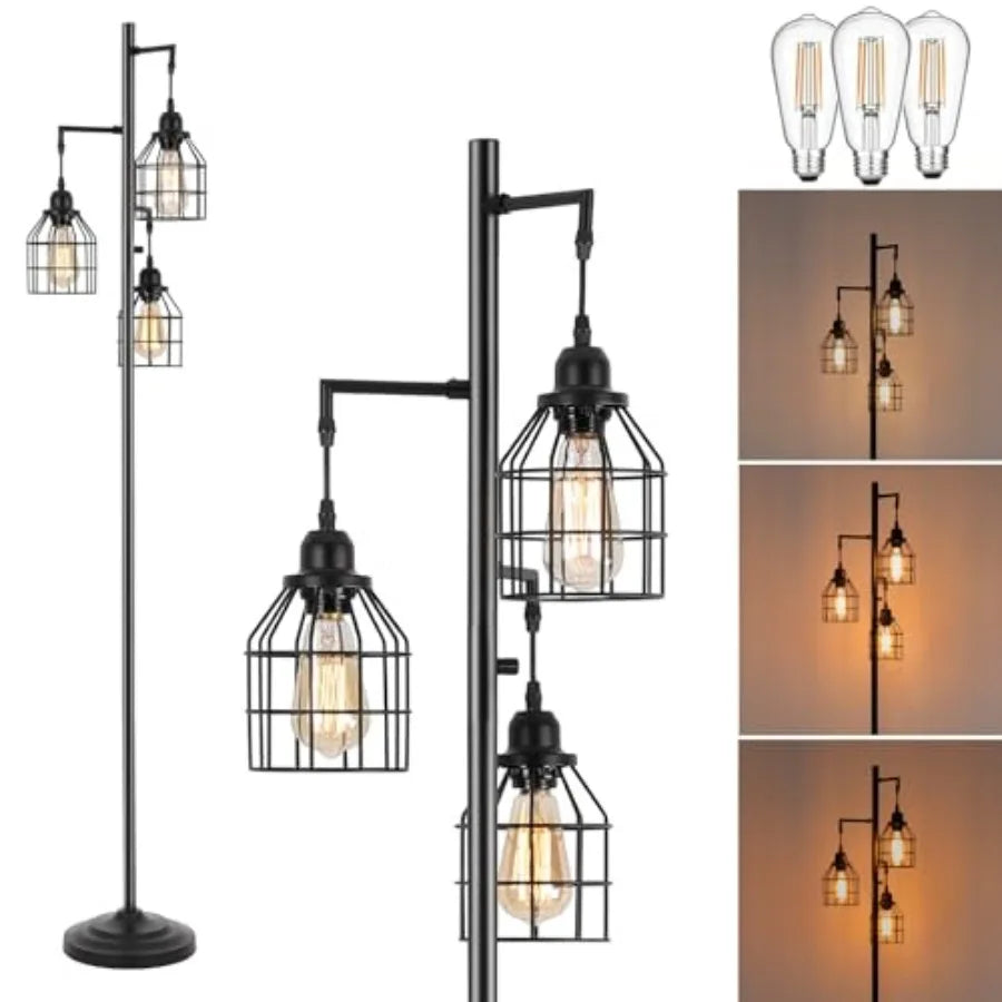 Floor Lamp for Living Room, Farmhouse Industrial Dimmable Floor lamp, 3 Lights Metal Cage Tree Standing Lamp, 68", 3Pcs Led Bul