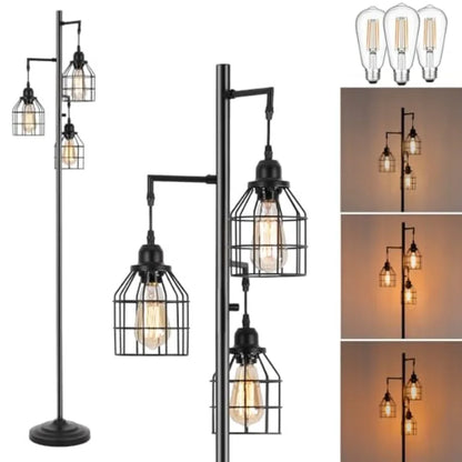 Floor Lamp for Living Room, Farmhouse Industrial Dimmable Floor lamp, 3 Lights Metal Cage Tree Standing Lamp, 68", 3Pcs Led Bul