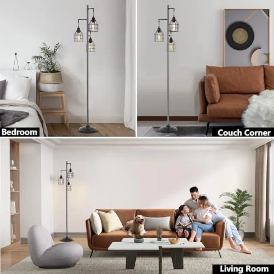 Floor Lamp for Living Room, Farmhouse Industrial Dimmable Floor lamp, 3 Lights Metal Cage Tree Standing Lamp, 68", 3Pcs Led Bul