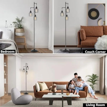 Floor Lamp for Living Room, Farmhouse Industrial Dimmable Floor lamp, 3 Lights Metal Cage Tree Standing Lamp, 68", 3Pcs Led Bul