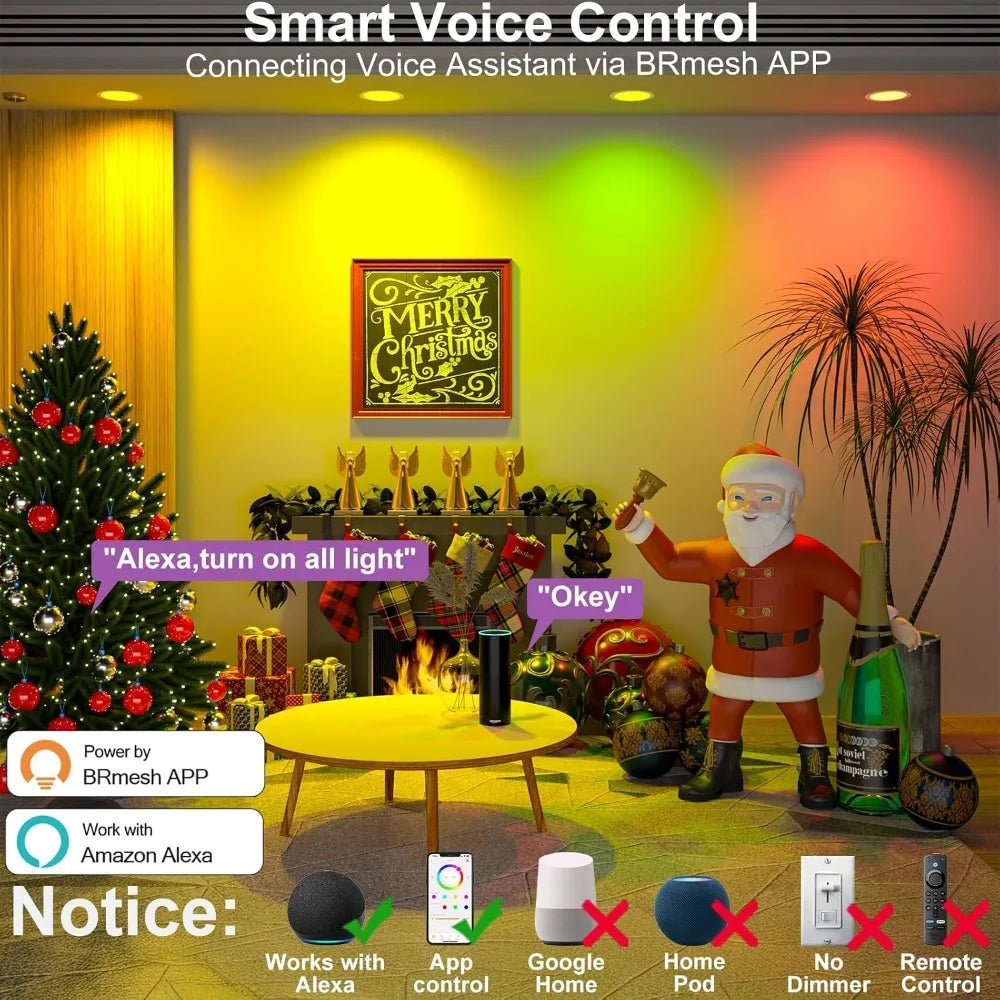 Smart 6 Inch RGBCW LED Downlight 16W 1350 Lumen Dimmable Bluetooth Control Compatible with Alexa - 12 Pack