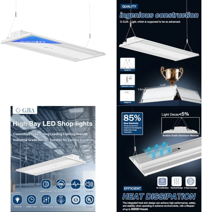 130W LED Linear High Bay LED Shop Lights, 19500LM 0-10V Dimmable 5000K Daylight, Adjustable LED High Bay Shop Lights Lighting F