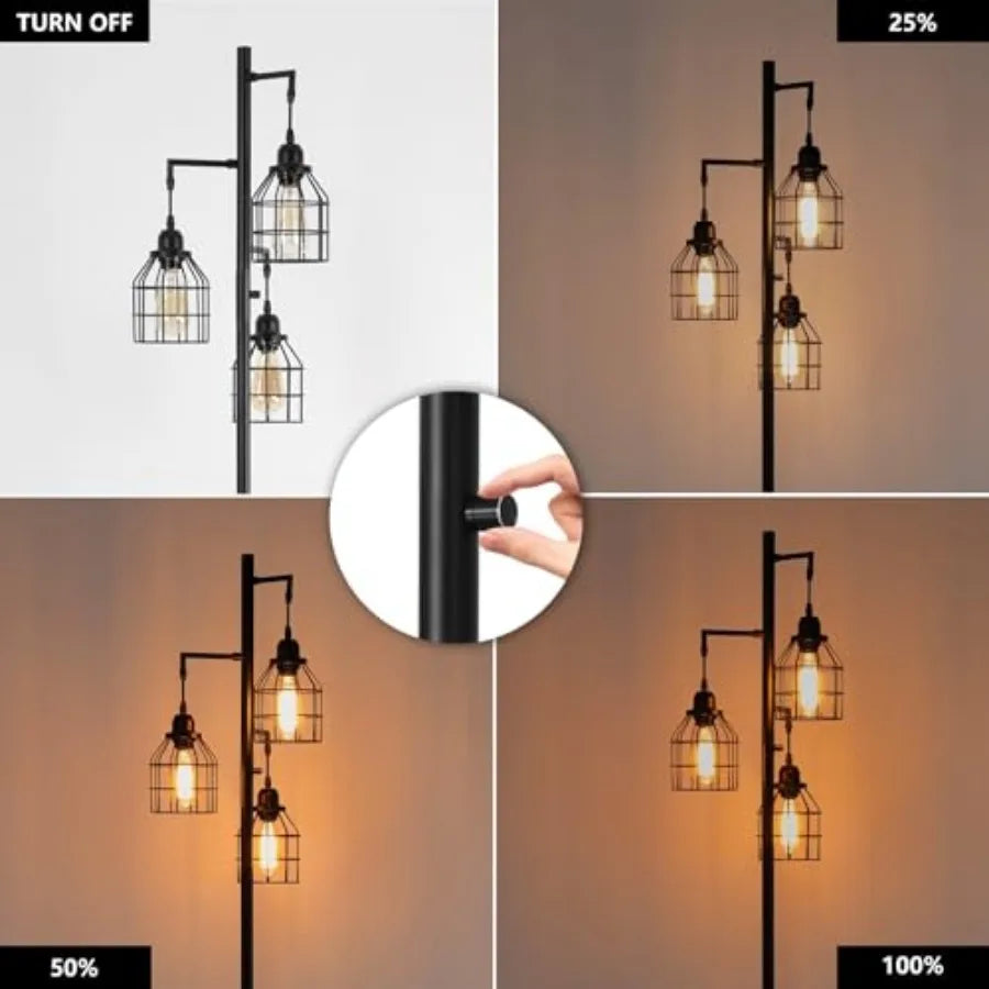 Floor Lamp for Living Room, Farmhouse Industrial Dimmable Floor lamp, 3 Lights Metal Cage Tree Standing Lamp, 68", 3Pcs Led Bul