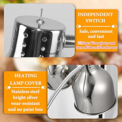 Commercial kitchen food warming lamp with stainless steel construction, adjustable 2-head design, silver color, for buffet, caf