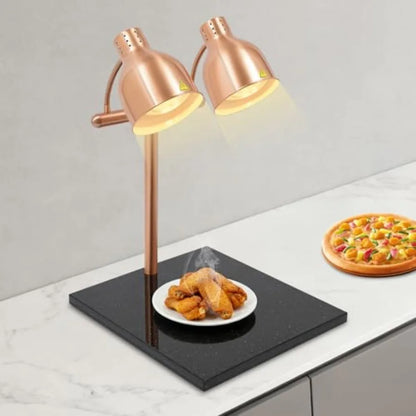 Commercial kitchen food warming lamp with marble base, dual-head design, 2 heating bulbs, white finish, energy-efficient heat r
