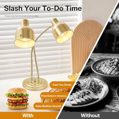 Food Heating Lamp for Buffet Catering Kitchen, Gold Aluminum Alloy, Gold, 2-Head 500W Electric Heat Lamp with 2xE26 Bulbs