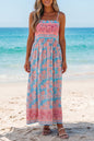 Sky Blue Bohemian Ethnic Print Spaghetti Straps Vacation Maxi Dress