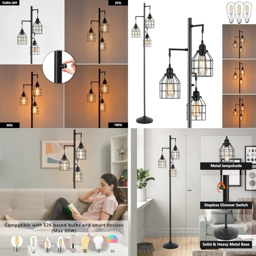 Floor Lamp for Living Room, Farmhouse Industrial Dimmable Floor lamp, 3 Lights Metal Cage Tree Standing Lamp, 68", 3Pcs Led Bul