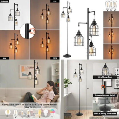 Floor Lamp for Living Room, Farmhouse Industrial Dimmable Floor lamp, 3 Lights Metal Cage Tree Standing Lamp, 68", 3Pcs Led Bul