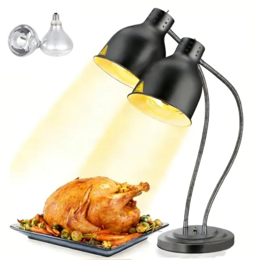 Commercial food warming lamp for restaurant kitchen and buffet use, dual-head 500W electric heating lamp, black and silver fini