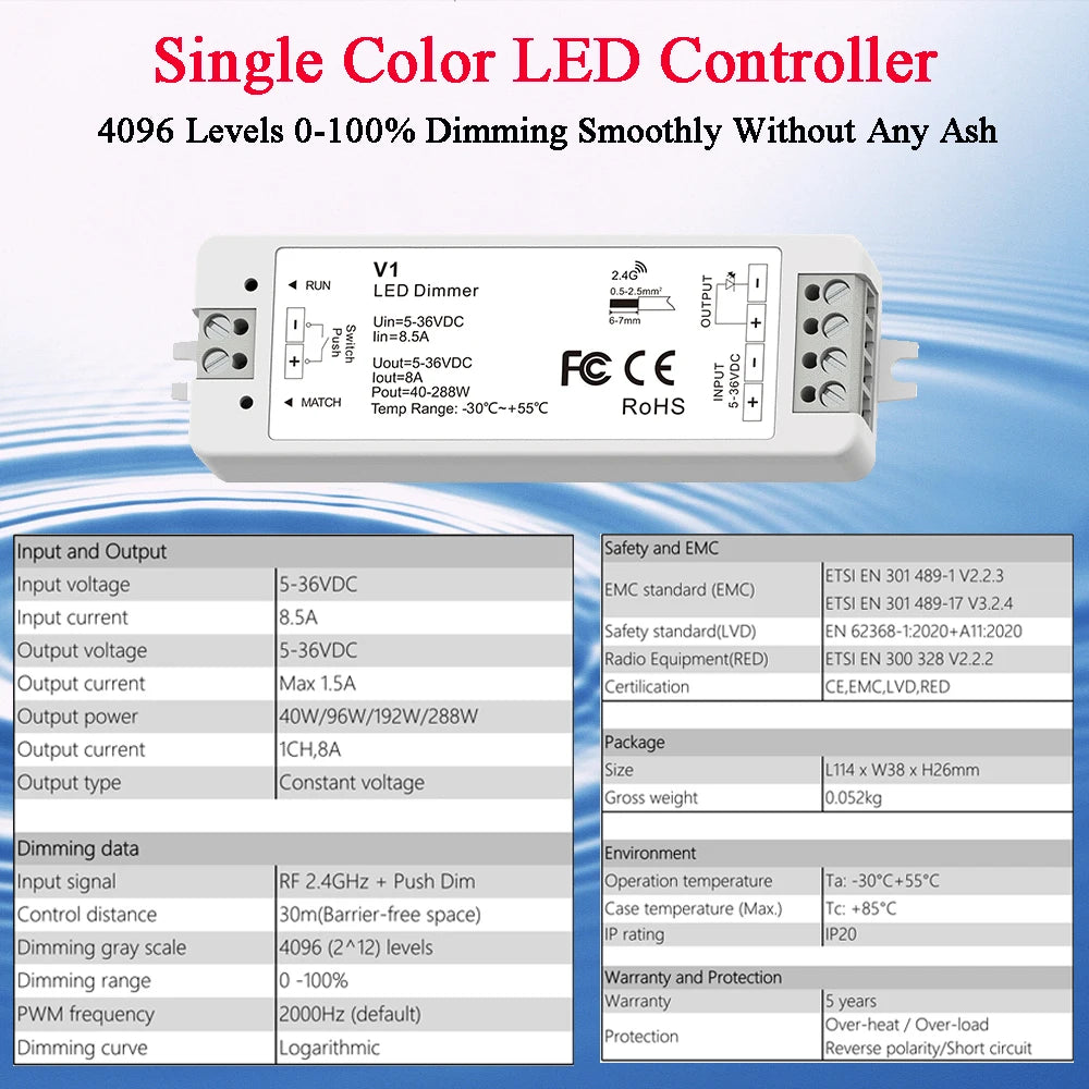 LED Dimmer 12V 24V Rotary Panel RF Remote Controller Single Color LED Strip Dimming Kit Wireless 2.4G Remote Control Push Switch