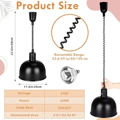 Commercial buffet restaurant kitchen hanging food heat lamp with 250W infrared heating bulb, retractable black metal fixture, 2