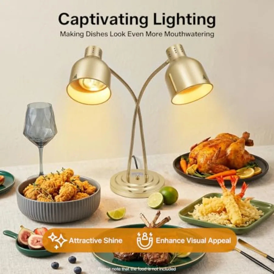 Food Heating Lamp for Buffet Catering Kitchen, Gold Aluminum Alloy, Gold, 2-Head 500W Electric Heat Lamp with 2xE26 Bulbs