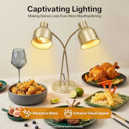 Food Heating Lamp for Buffet Catering Kitchen, Gold Aluminum Alloy, Gold, 2-Head 500W Electric Heat Lamp with 2xE26 Bulbs