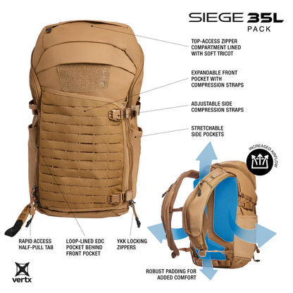Vertx Siege 35L | 35L Mission Loadout & Rapid Access | Water-Resistant 330D Nylon