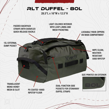 Vertx RLT 80L | Water-Repellent 80L Mission Duffel at Just 3.9 lbs | Built for Rugged Terrain